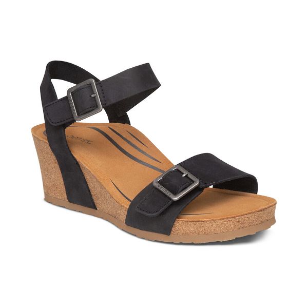 Aetrex Women's Lexa Quarter Strap Wedge Sandals - Black | USA 1TU8RBU